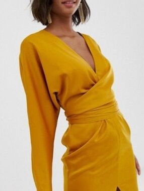 ASOS Mustard Wrap-Front Long Sleeve Dress